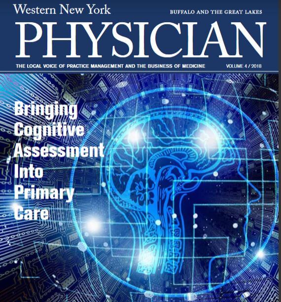 cover page of WNY Physician magazine with an illustration of a brain and the text that says bringing cognitive assessment into primary care