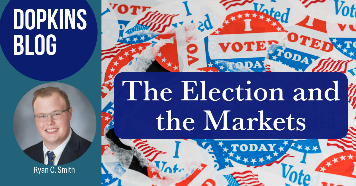 Text that says "Dopkins blog" a photo of Ryan C. Smith, and a background of stickers and buttons that say "I voted" in red, white and blue. Title of the article, "The Elections and the Market" in a blue rounded rectangle/white lettering