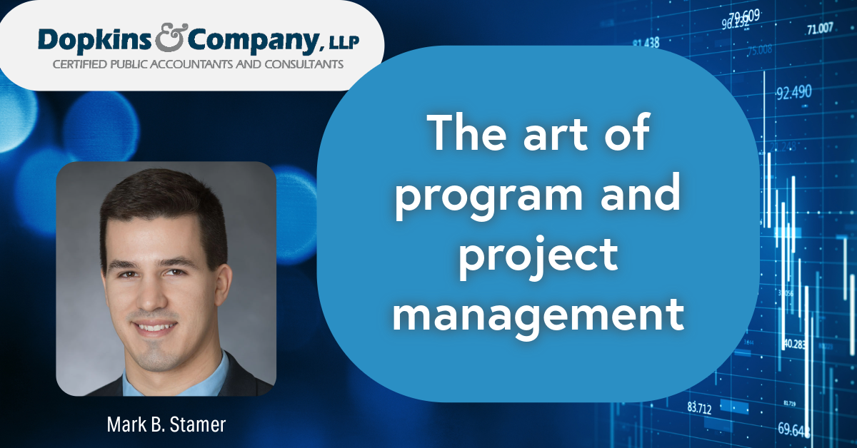 Dopkins logo, photo of Mark Stamer and text that says "the art of program and project management"