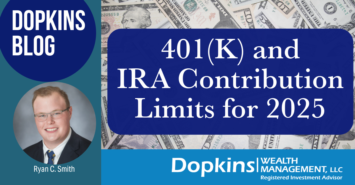 Text that says "Dopkins blog" a photo of Ryan C. Smith, and a background cash and text that says "401(K) and IRA Contribution Limits for 2025" with Dopkins Wealth Management logo underneath