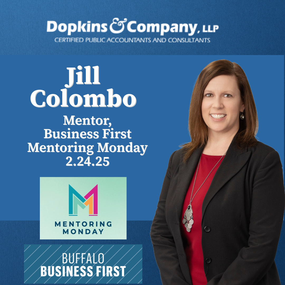 Dopkins logo, photo of Jill Colombo, text that says Jill Colombo, Mentor, Business First Mentoring Monday,2.24.25. Mentoring Monday and Buffalo Business First logo.