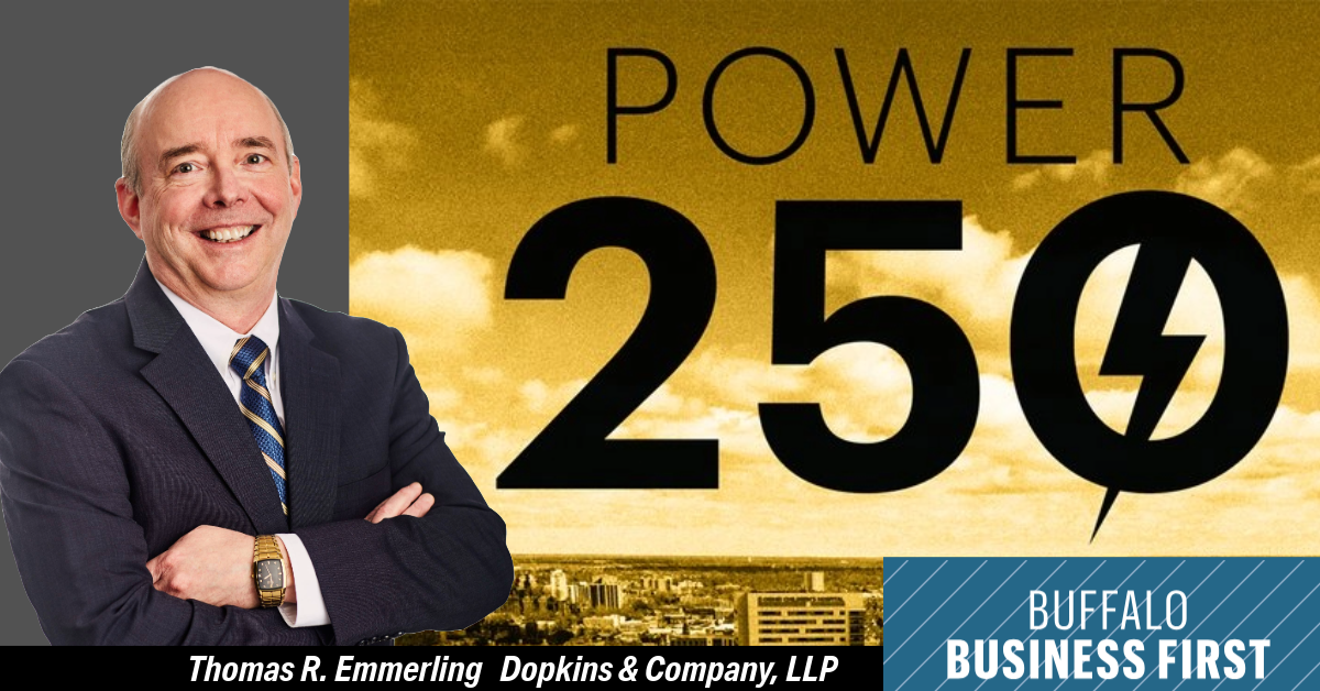 city skyline with the words Power 250 in bold text Phoot of Tom Emmerling at left and Buffalo Business First logo