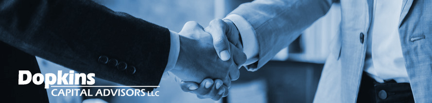 closeup of two people shaking hands and the Dopkins Capital Advisors LLC logo in the lower left corner