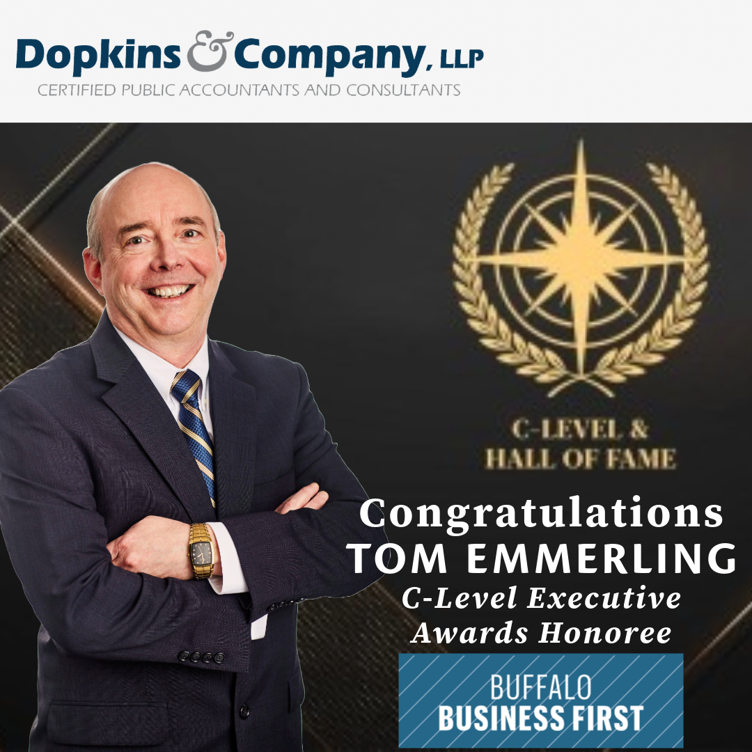 Dopkins logo, black background, compass style logo of the C-Level Awards, photo of Tom Emmerling and text that says Congratulations Tom Emmerling C-Level Awards Honoree and Buffalo Business First logo