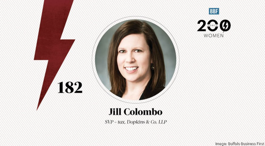 Photo of Jill Colombo, Power 200 women logo and lightning bolt signifying power.